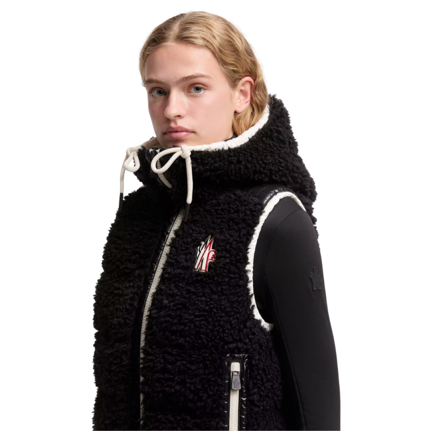 Gilet sans manche doudoune capuche bi matière polaire teddy noir Moncler Grenoble