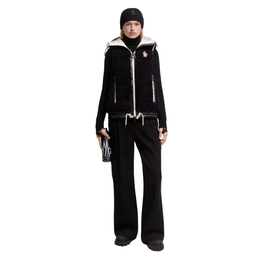 Gilet sans manche doudoune capuche bi matière polaire teddy noir Moncler Grenoble