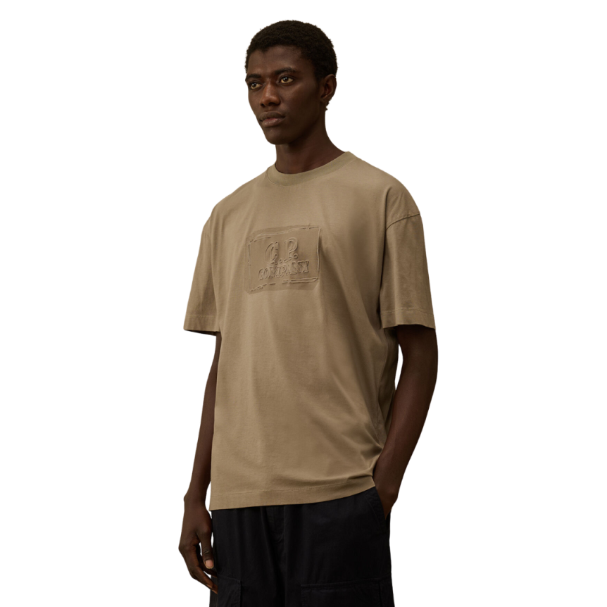 T-shirt col rond CP COMPANY coton jersey gris beige logo relief