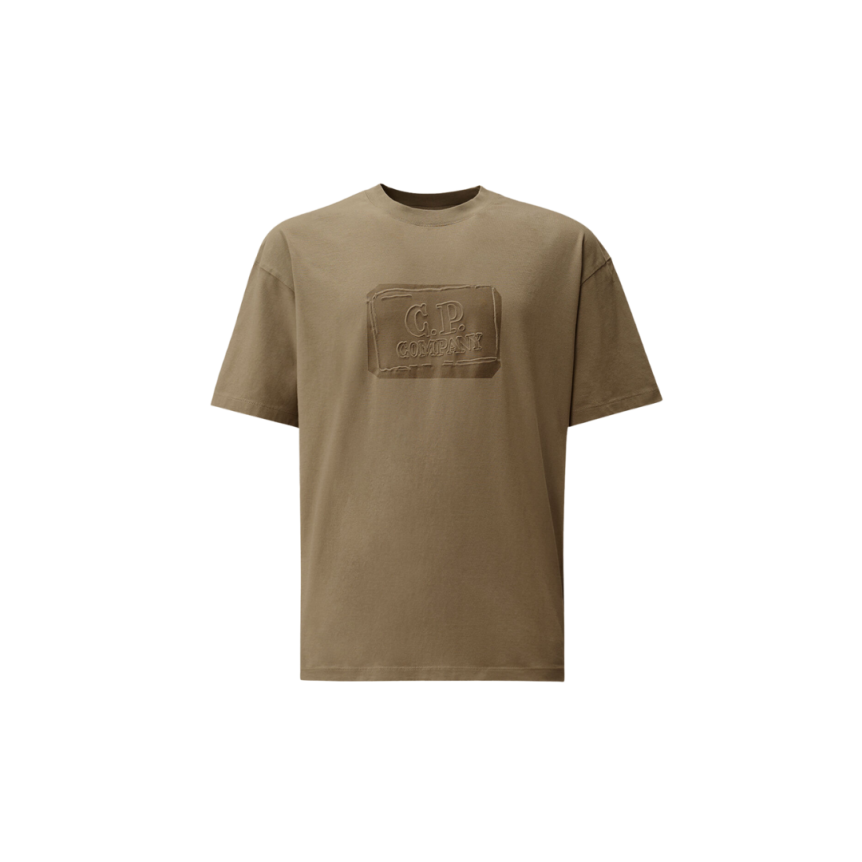 T-shirt col rond CP COMPANY coton jersey gris beige logo relief