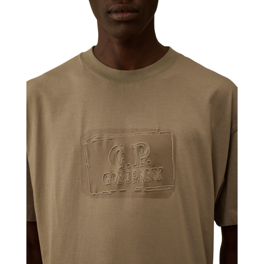 T-shirt col rond CP COMPANY coton jersey gris beige logo relief