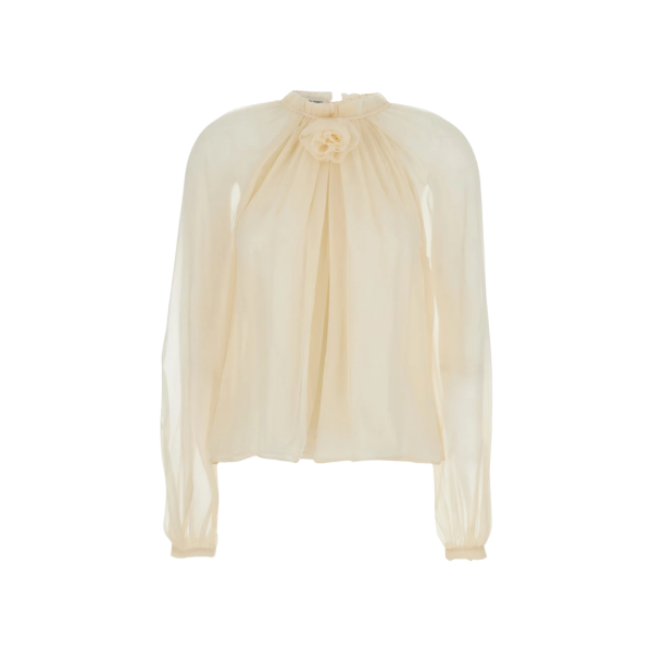 ALBERTA FERRETTI Blouse manche longue ballon mousseline soie voile écru fleurs brodée