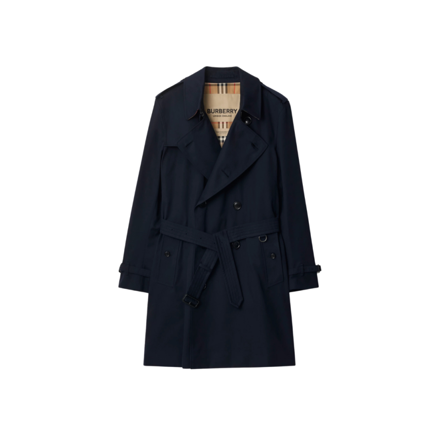 Trench Héritage mi-long BURBERRY Kensington coton bleu marine check col