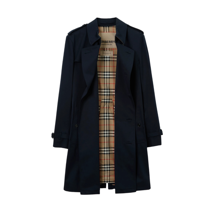 Trench Héritage mi-long BURBERRY Kensington coton bleu marine check col