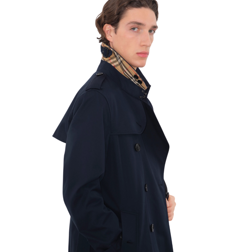 Trench Héritage mi-long BURBERRY Kensington coton bleu marine check col