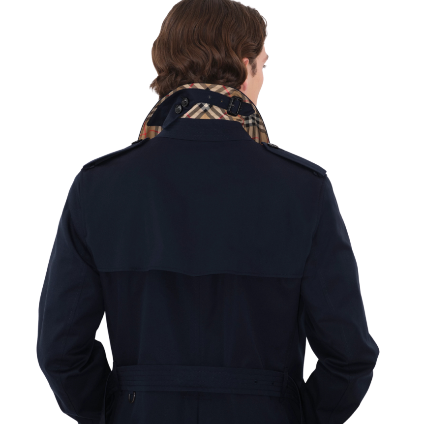 Trench Héritage mi-long BURBERRY Kensington coton bleu marine check col