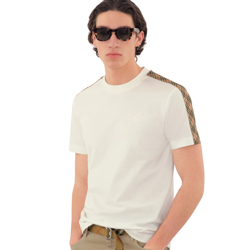 T-shirt manche courte BURBERRY coton blanc cassé épaule Check beige