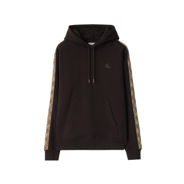 Sweat-shirt à capuche BURBERRY hoodie slim Simon coton noir bande check beige