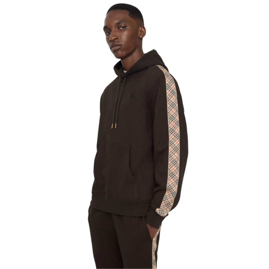 Sweat-shirt à capuche BURBERRY hoodie slim Simon coton noir bande check beige