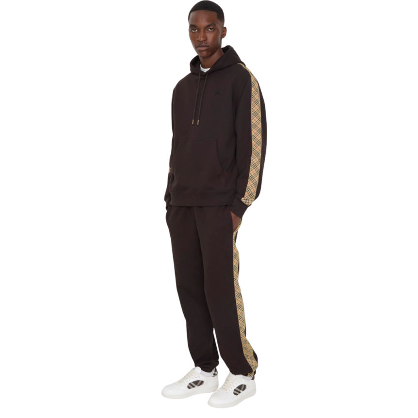 Sweat-shirt à capuche BURBERRY hoodie slim Simon coton noir bande check beige