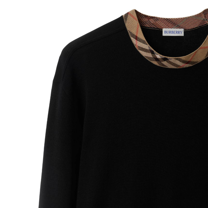 Pull col rond BURBERRY Michael laine noire col check beige