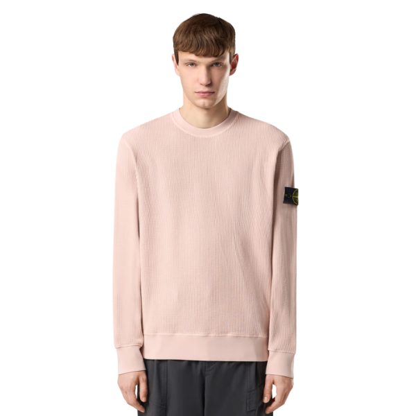 Pull col rond STONE ISLAND manche raglan coton bio gaufré rose pale