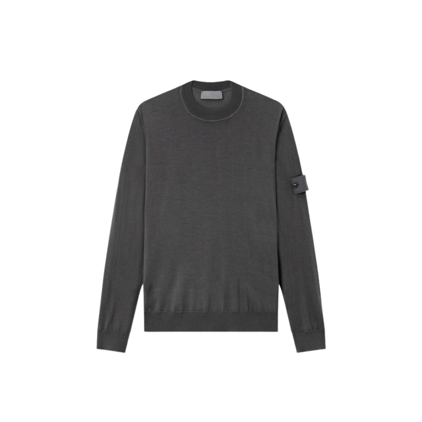 Pull col rond STONE ISLAND laine vierge gris anthracite logo Ghost
