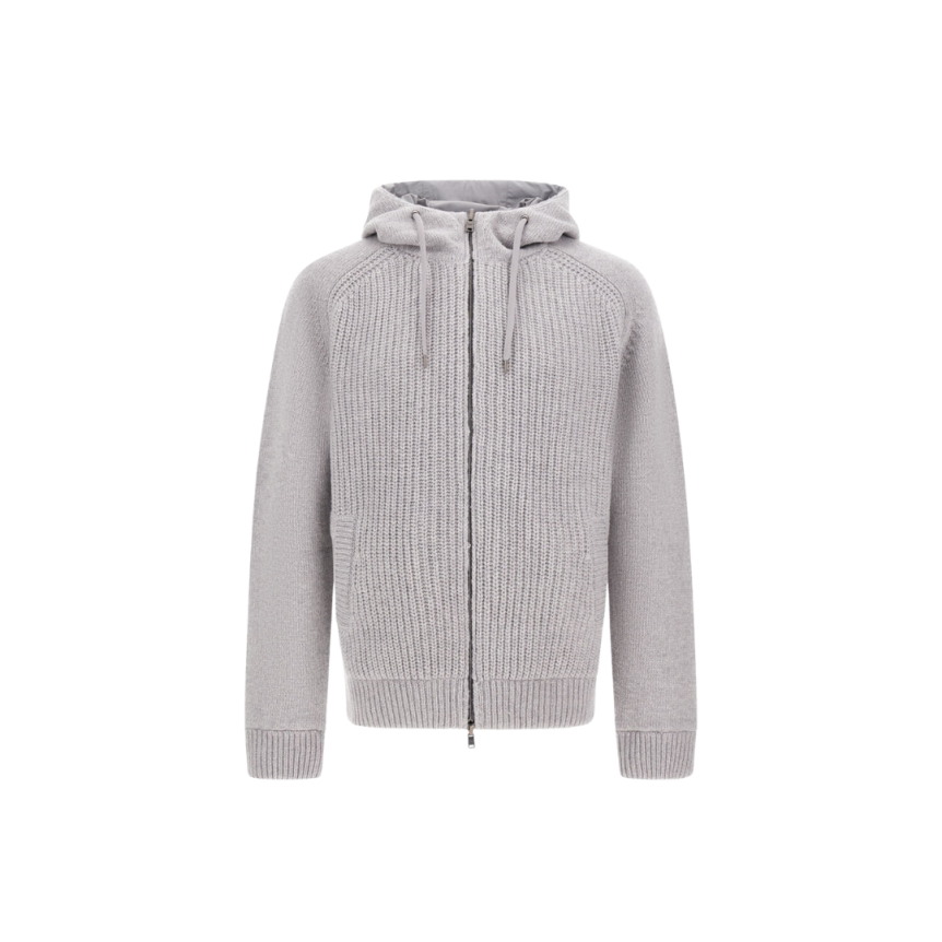 Cardigan réversible zippé HERNO à capuche laine gris clair