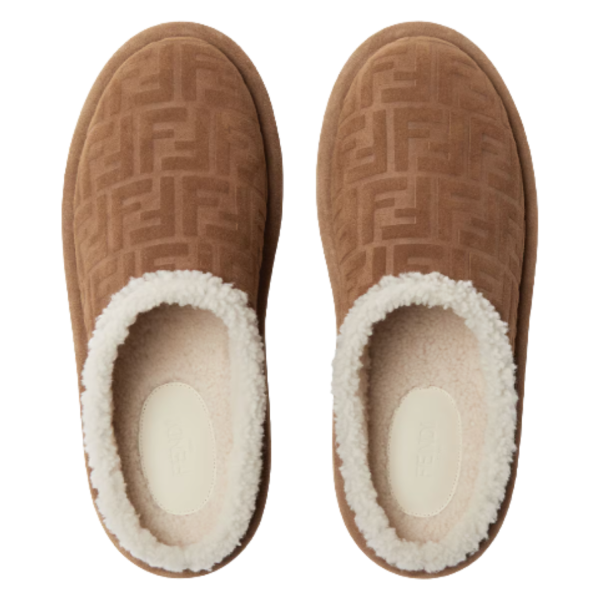 Sandales sabots FENDI bouts ronds nubuck marron FF relief fourrées mouton écru