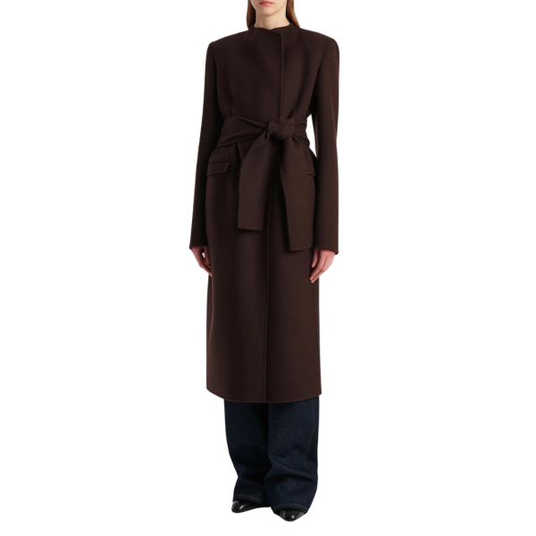 Manteau long KHAITE Jelson col effet drapé marron ceinture