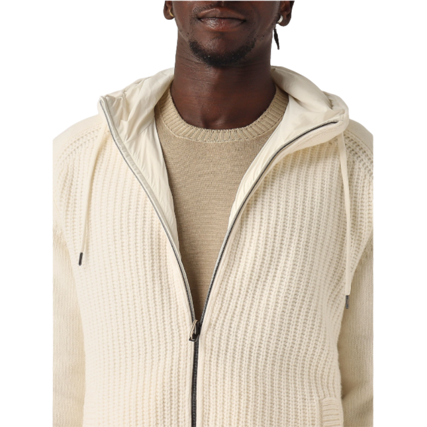 Cardigan à capuche HERNO bi matière pure laine nylon écru
