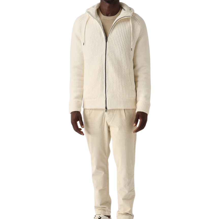 Cardigan à capuche HERNO bi matière pure laine nylon écru