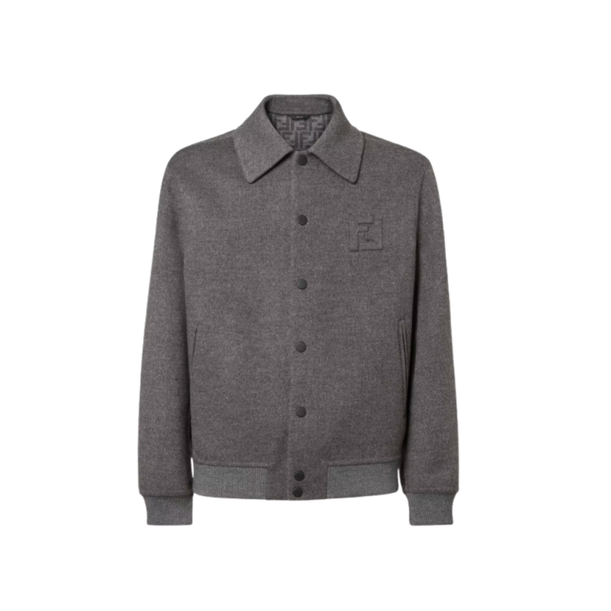 Blouson col chemise FENDI bouton pression laine flanelle gris anthracite FF relief