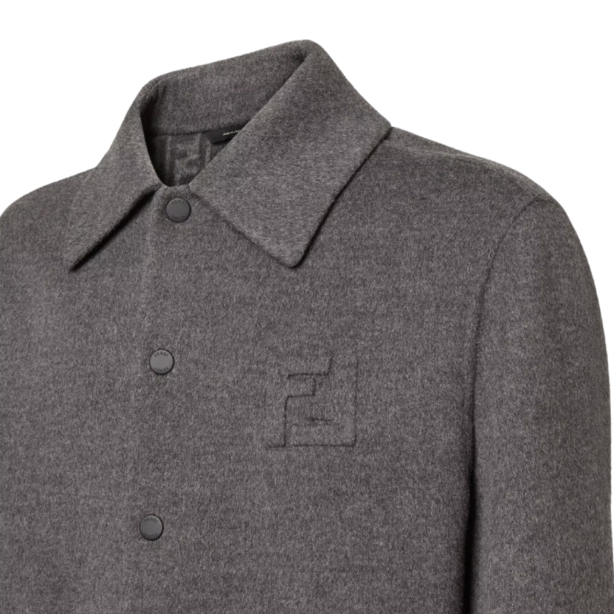 Blouson col chemise FENDI bouton pression laine flanelle gris anthracite FF relief