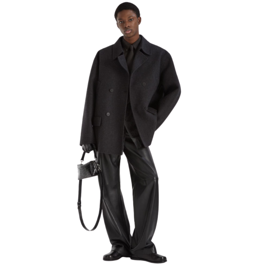 FENDI manteau court caban croisé bouton laine gris anthracite FF relief dos