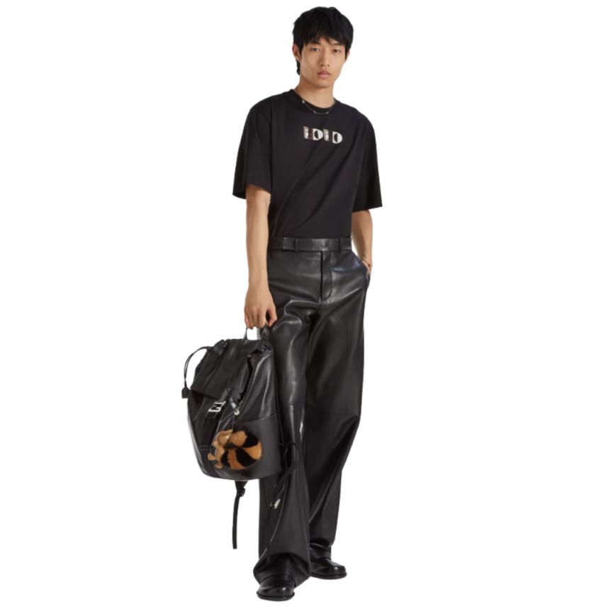 T-shirt col rond FENDI coton noir motif effet 3D broderie logo FF écru camel