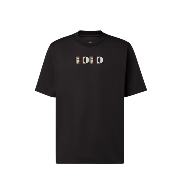 T-shirt col rond FENDI coton noir motif effet 3D broderie logo FF écru camel