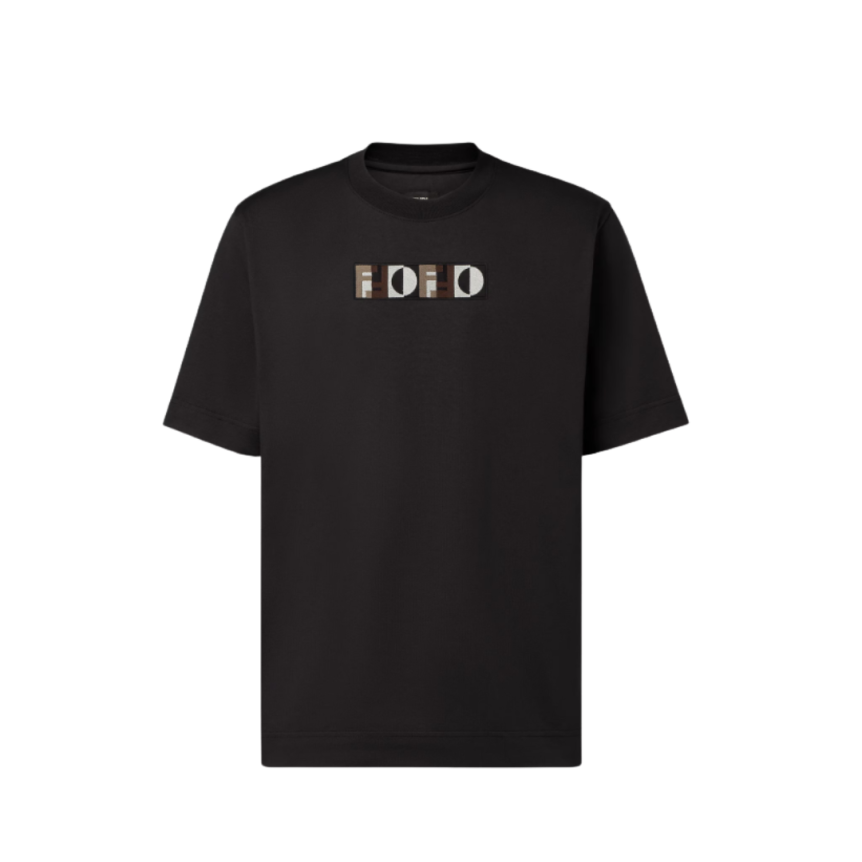 T-shirt col rond FENDI coton noir motif effet 3D broderie logo FF écru camel
