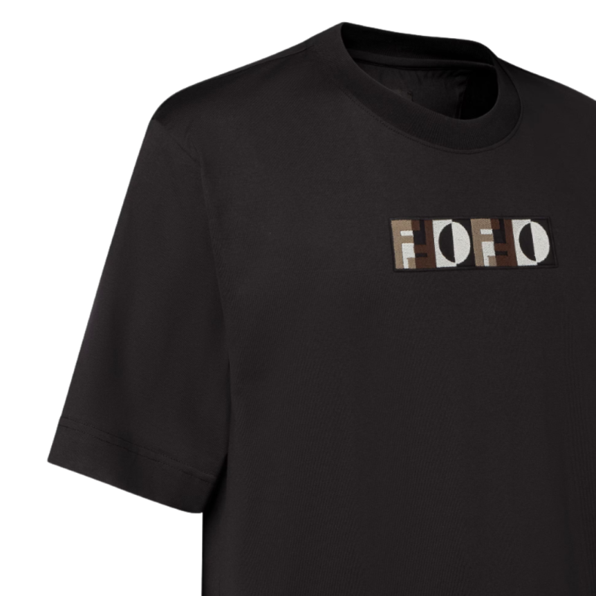 T-shirt col rond FENDI coton noir motif effet 3D broderie logo FF écru camel