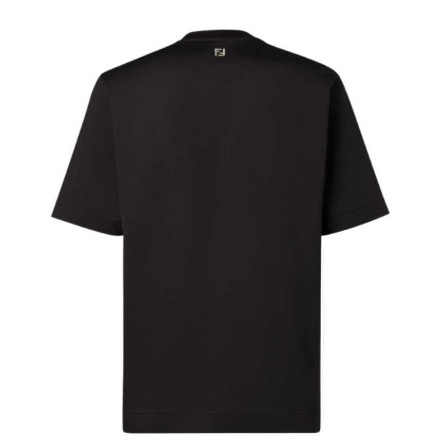 T-shirt col rond FENDI coton noir motif effet 3D broderie logo FF écru camel