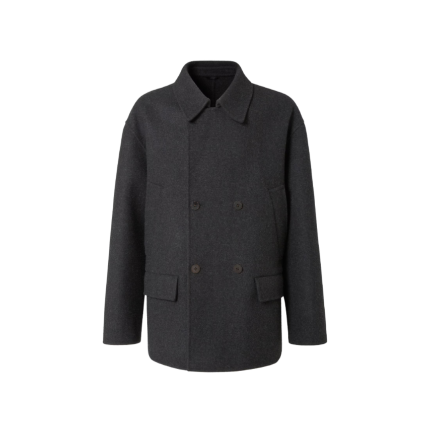 FENDI manteau court caban croisé bouton laine gris anthracite FF relief dos