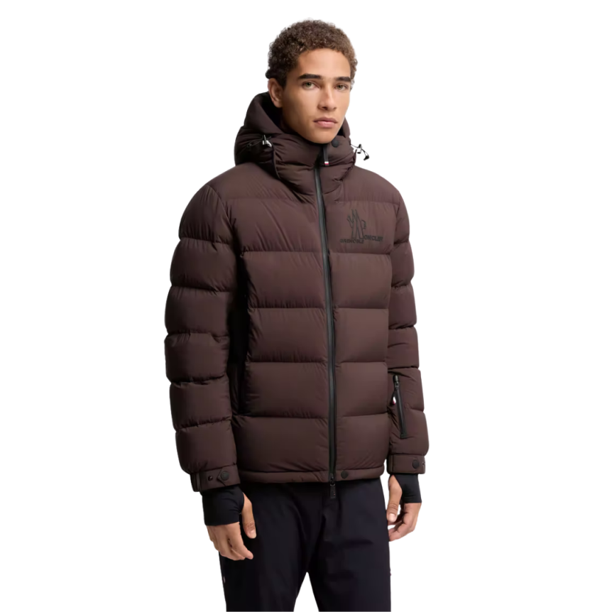 Doudoune de ski à capuche MONCLER Isorno nylon stretch marron logo Grenoble
