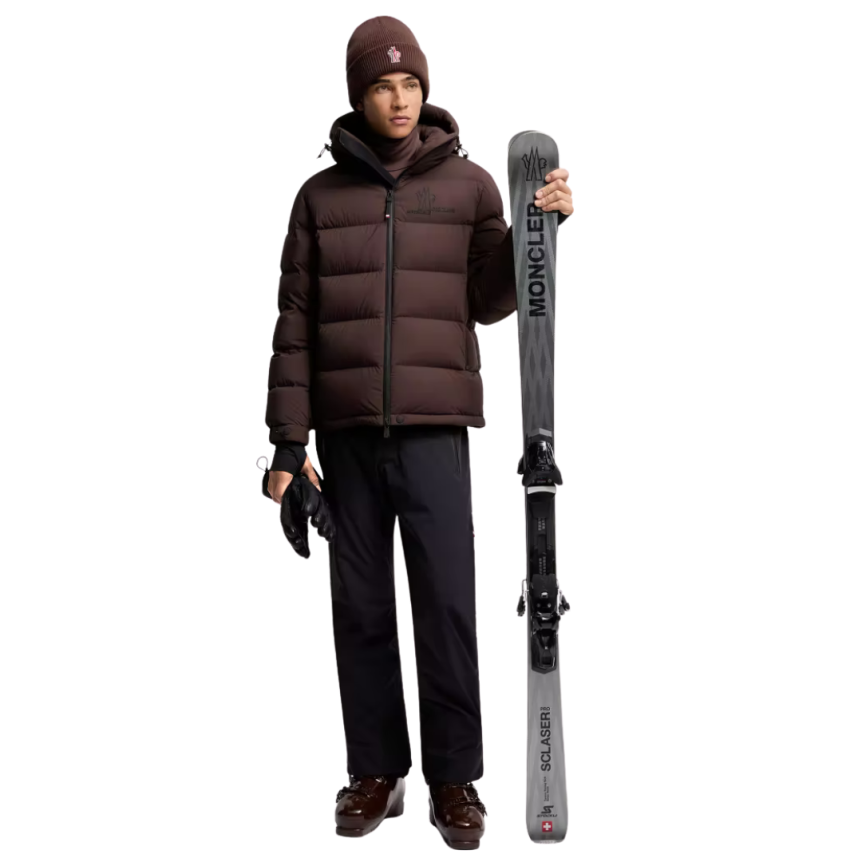 Doudoune de ski à capuche MONCLER Isorno nylon stretch marron logo Grenoble