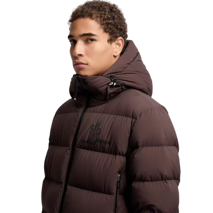 Doudoune de ski à capuche MONCLER Isorno nylon stretch marron logo Grenoble
