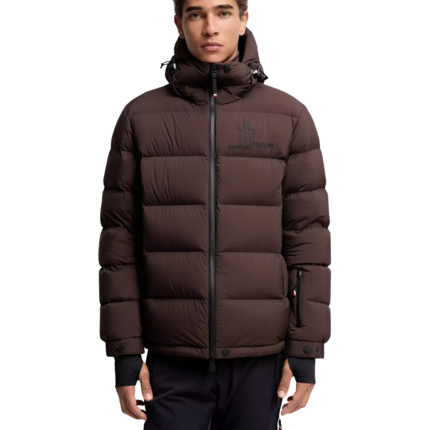 Doudoune de ski à capuche MONCLER Isorno nylon stretch marron logo Grenoble