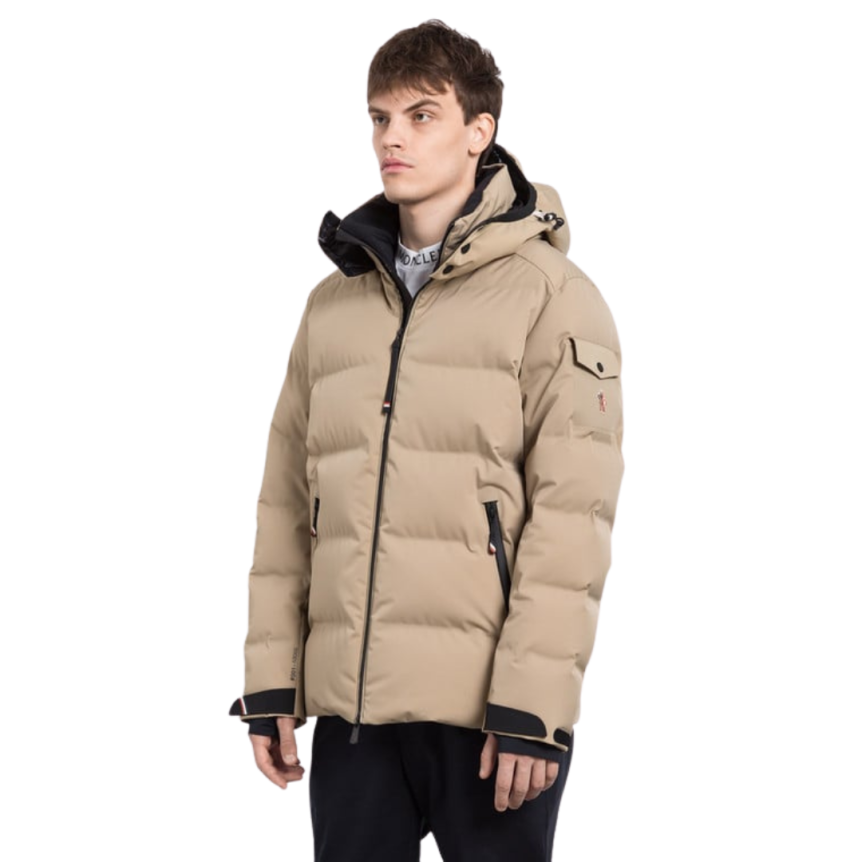 Doudoune courte à capuche MONCLER Montgetech nylon beige logo Grenoble poche manche