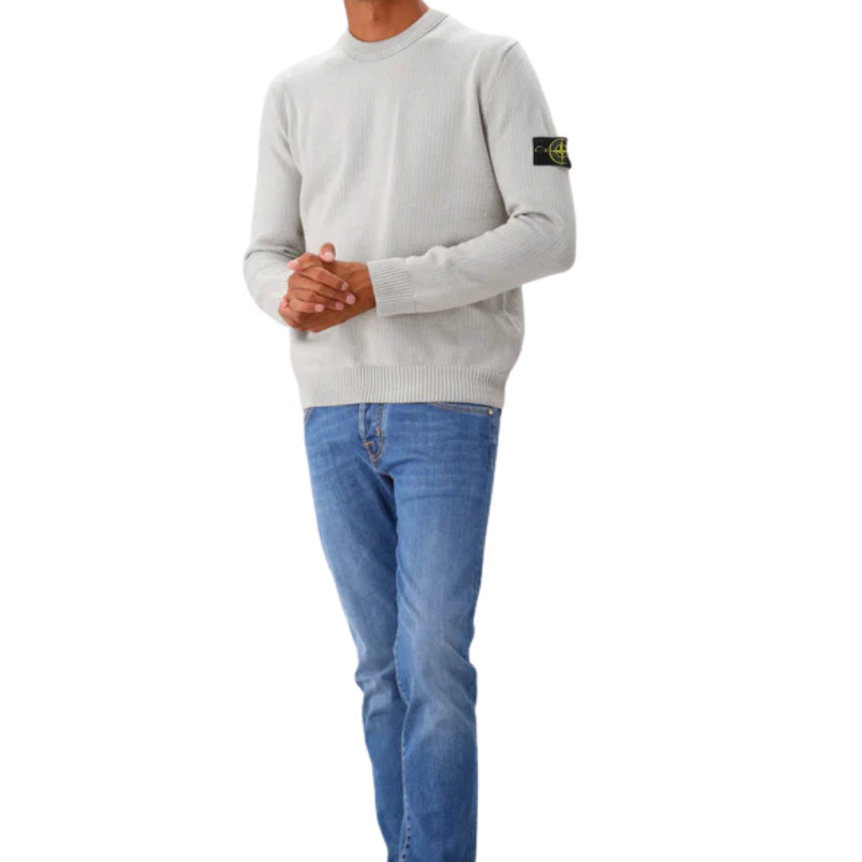 Pull col rond STONE ISLAND coton mélangé côtelé chevrons gris perle
