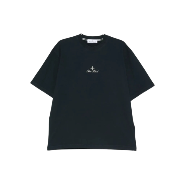 STONE ISLAND T-shirt col rond bleu nuit broderie « Multiaxial Sashiko »quadrillage dos