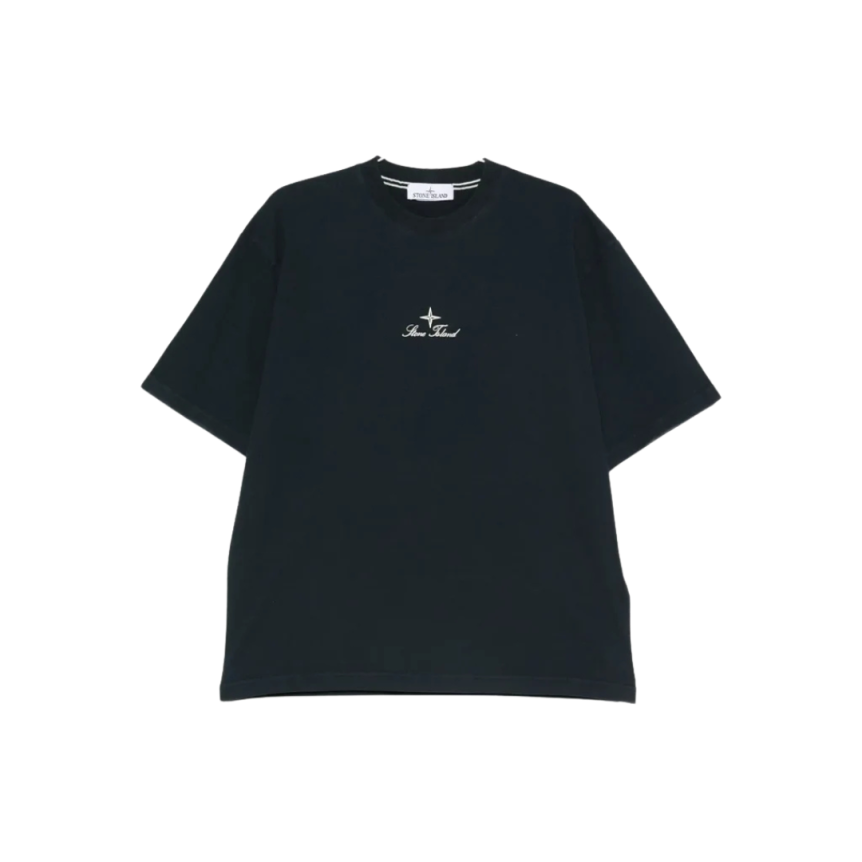 STONE ISLAND T-shirt col rond bleu nuit broderie « Multiaxial Sashiko »quadrillage dos