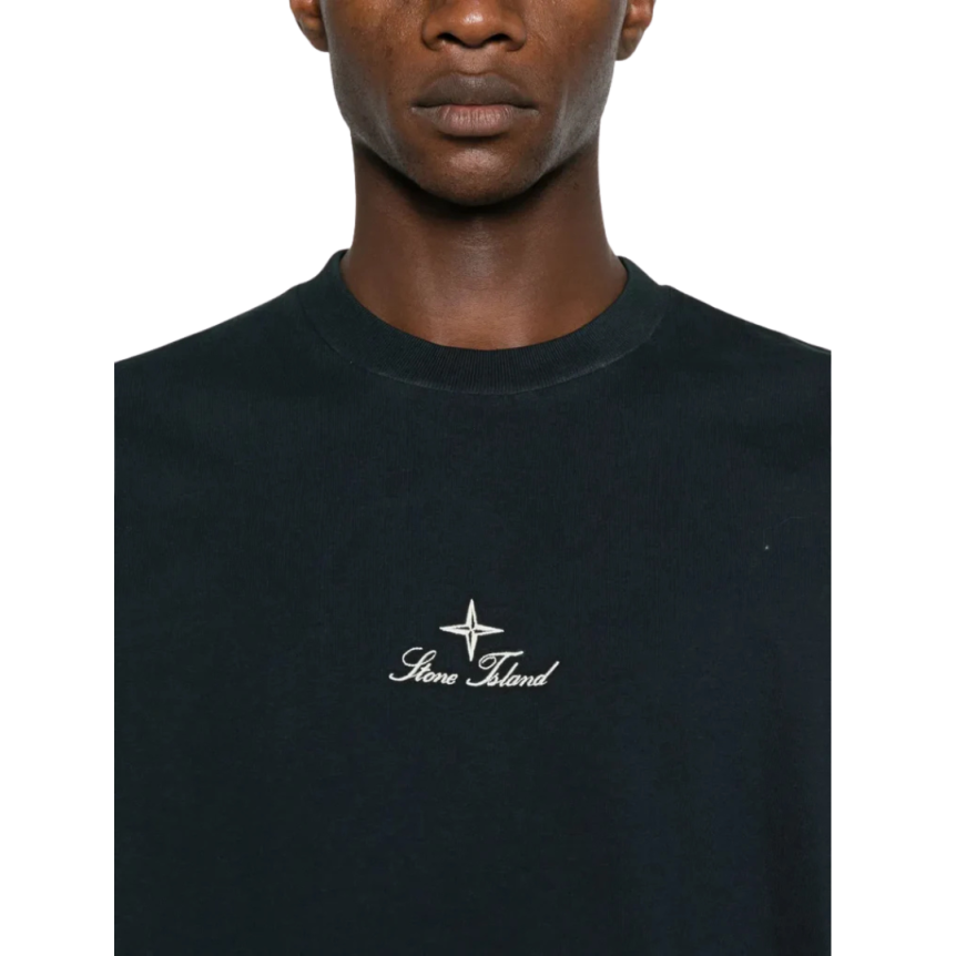 STONE ISLAND T-shirt col rond bleu nuit broderie « Multiaxial Sashiko »quadrillage dos