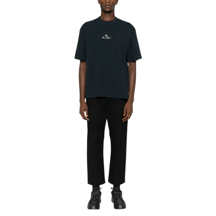 STONE ISLAND T-shirt col rond bleu nuit broderie « Multiaxial Sashiko »quadrillage dos