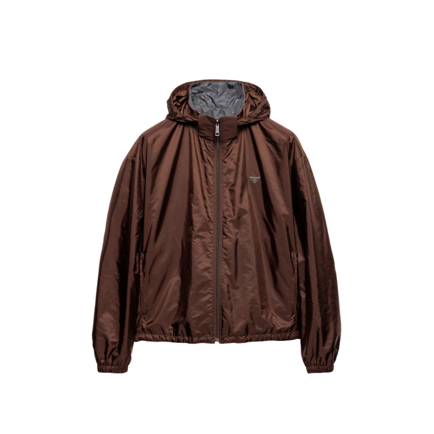 Veste zippée à capuche PRADA coupe-vent réversible Re-Nylon marron gris
