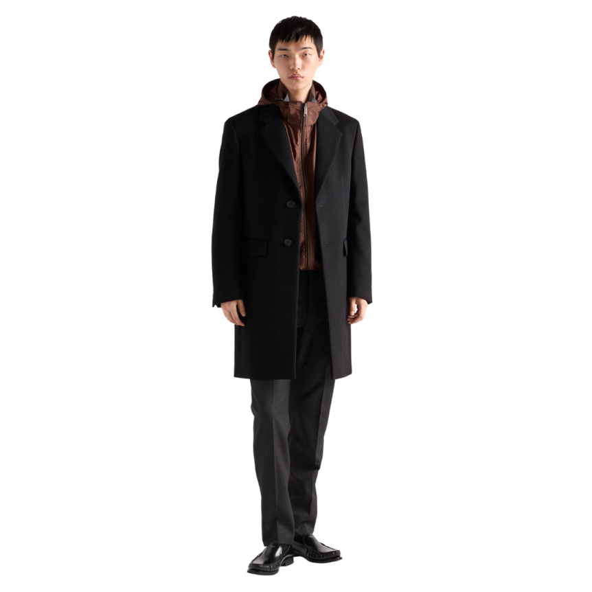 Veste zippée à capuche PRADA coupe-vent réversible Re-Nylon marron gris