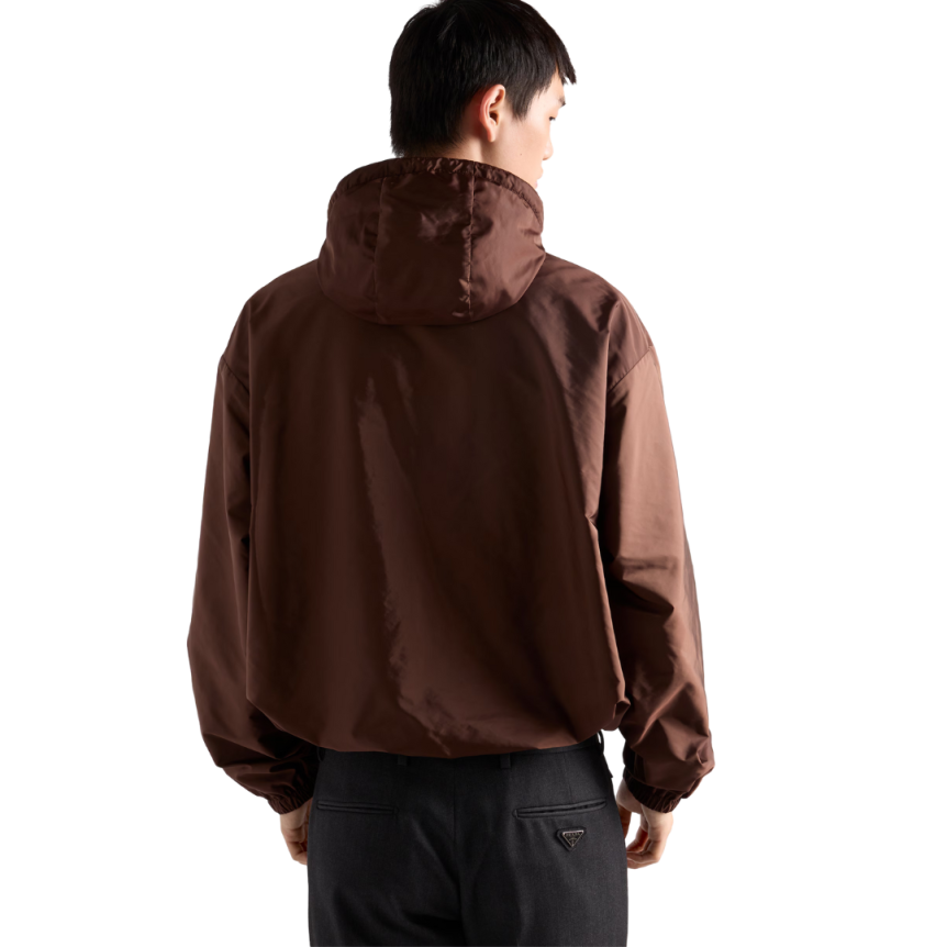 Veste zippée à capuche PRADA coupe-vent réversible Re-Nylon marron gris