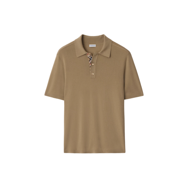 Polo manche courte BURBERRY laine camel intérieur check carreau beige