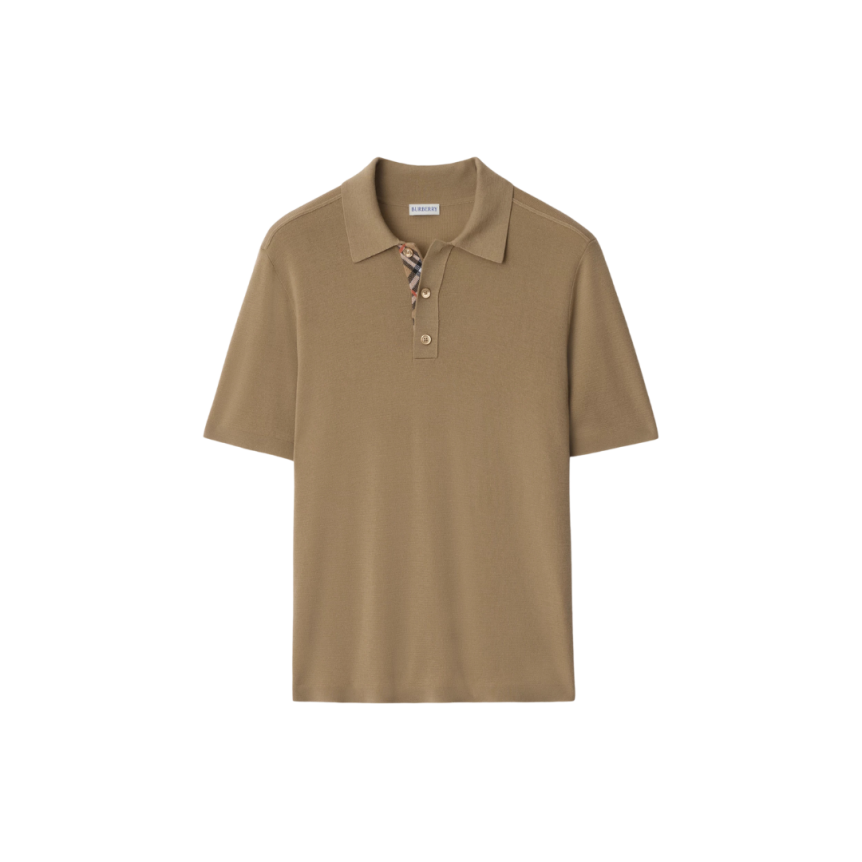Polo manche courte BURBERRY laine camel intérieur check carreau beige