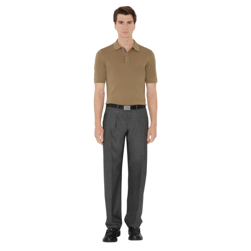 Polo manche courte BURBERRY laine camel intérieur check carreau beige