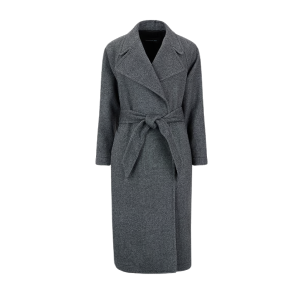 Manteau long croisé BARBARA BUI sergé laine rayé noir blanc ceinture à nouer