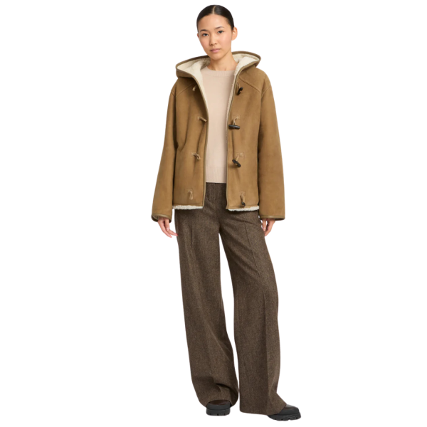 Blouson peau lainée à capuche YVES SALOMON daim camel bouton duffle coat