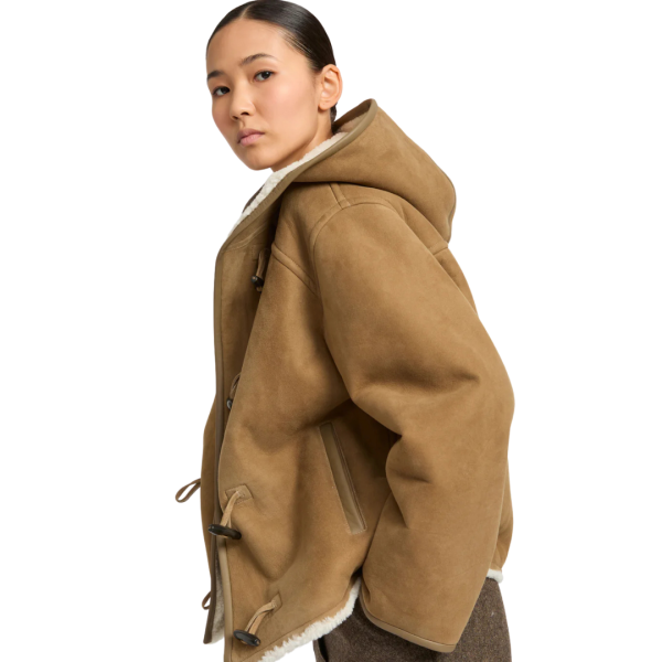 Blouson peau lainée à capuche YVES SALOMON daim camel bouton duffle coat